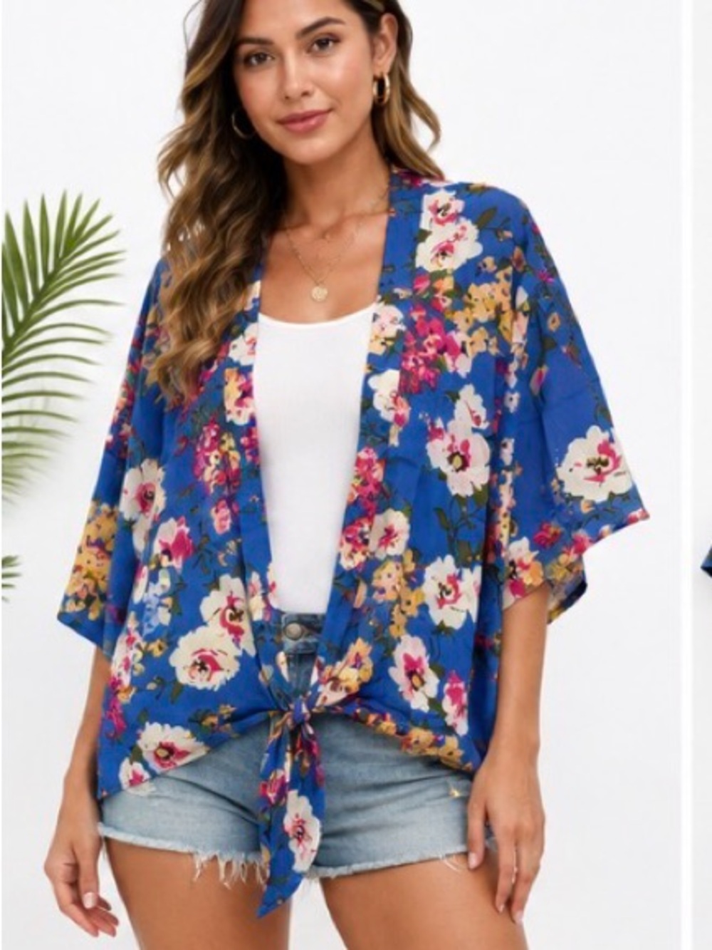NWT Umgee Blue Floral Tie Front Kimono Cardigan Cover Up S/M